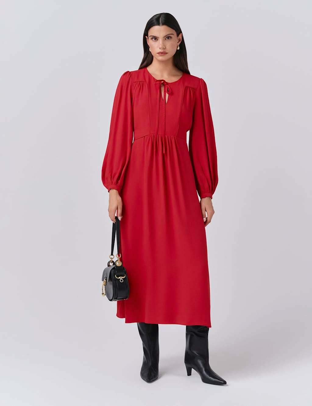 Ghost Crepe Tie Neck Midi Smock Dress Red
