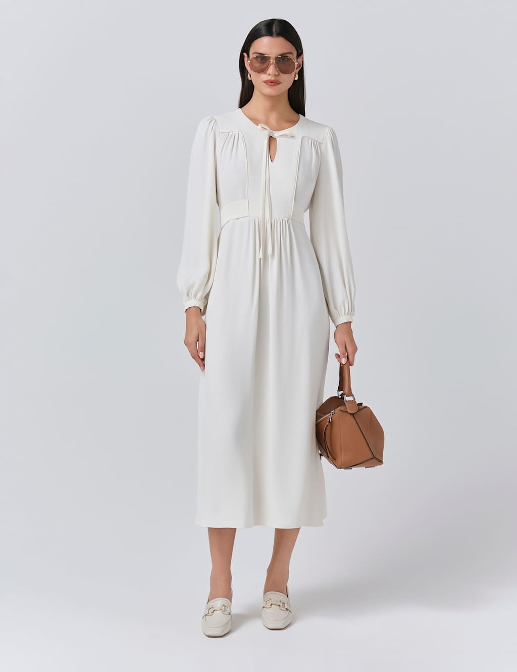 Ghost Crepe Tie Neck Midi Smock Dress Ivory