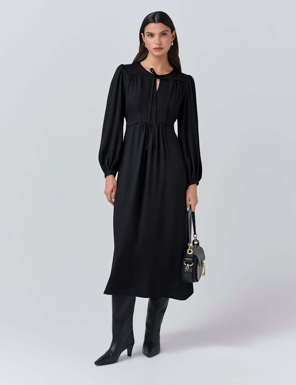 Ghost Crepe Tie Neck Midi Smock Dress Black
