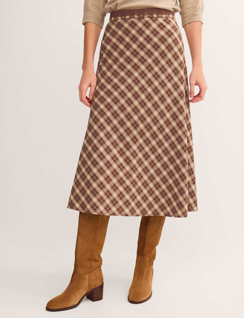 Monsoon Women's Checked Lace Trim Midi A-Line Skirt - 18 - Brown Mix - Available at M&S