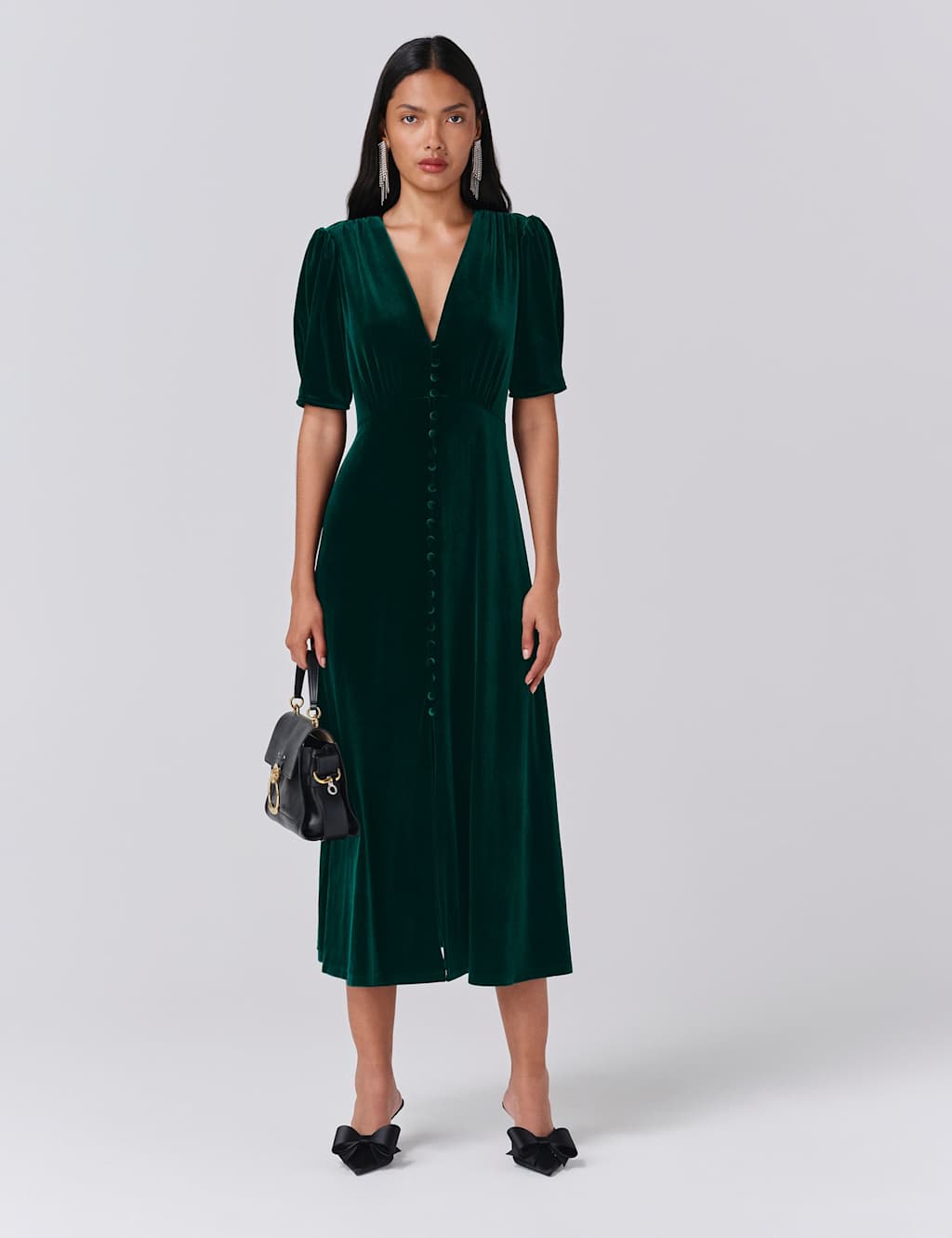 Ghost Velvet V-Neck Midaxi Tea Dress Green