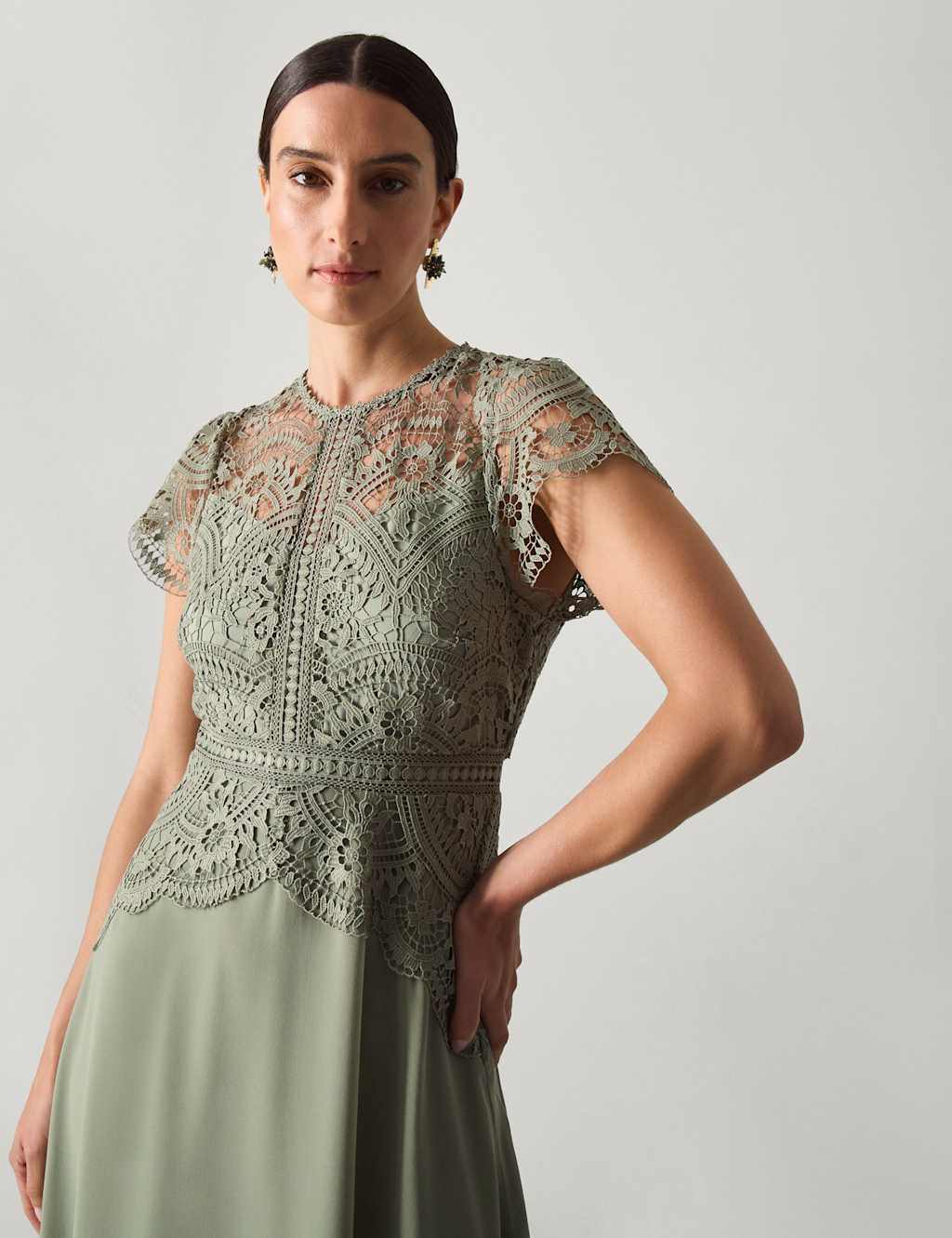 Monsoon Women's Lace Round Neck Maxi Skater Dress - 14 - Light Green - Available at M&S