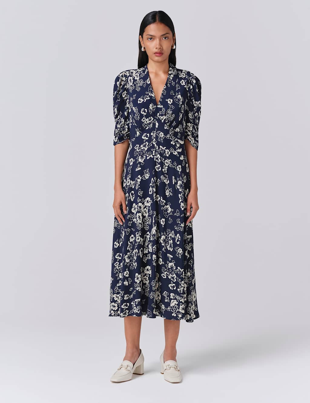 Ghost Women's Crepe Floral V-Neck Midi Wrap Dress - 12 - Navy Mix - Available at M&S