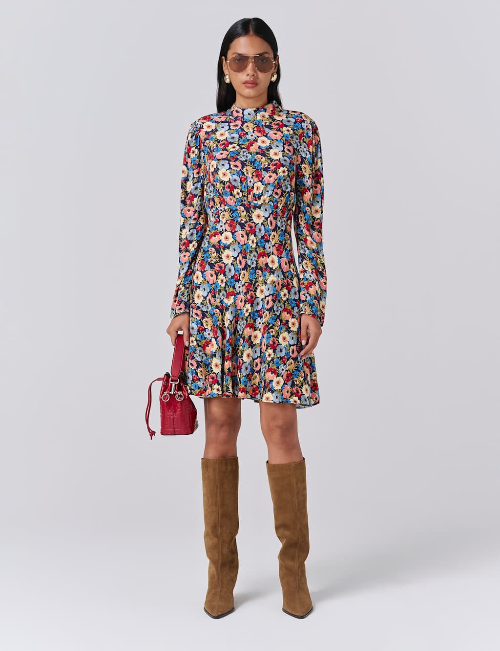 Ghost Crepe Floral Knee Length Skater Dress Blue Mix