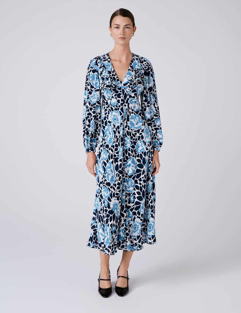 Ghost Women's Crepe Floral V-Neck Midi Tiered Dress - 14 - Blue Mix - Available at M&S