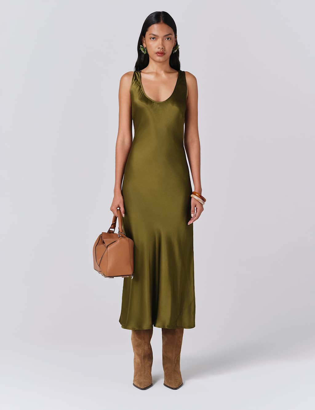 Ghost Satin Scoop Neck Midi Slip Dress Khaki