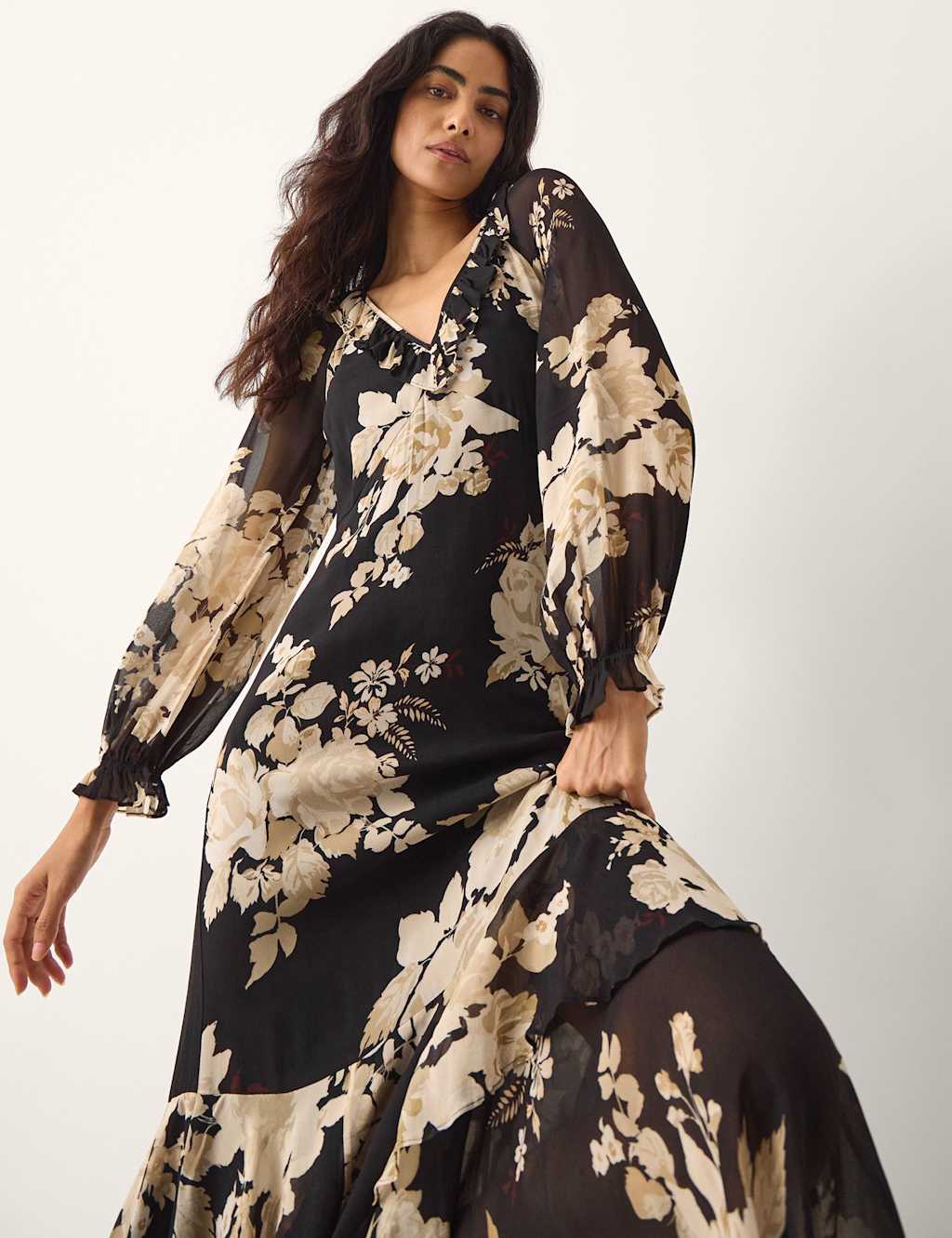 Monsoon Women's Floral V-Neck Ruffle Maxi Dress - 20 - Black Mix - Available at M&S