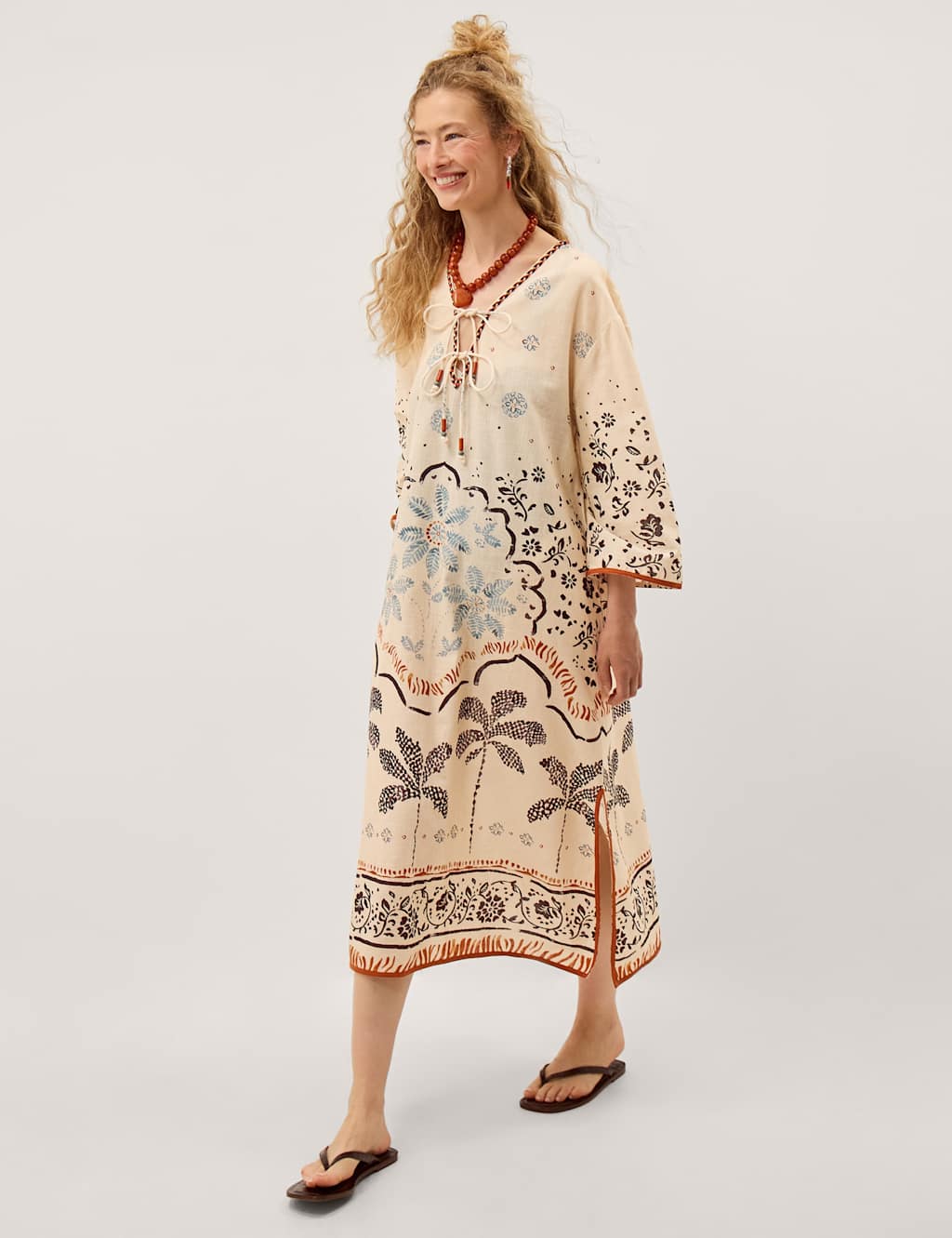 Monsoon Women's Pure Cotton Printed Beach Cover Up Kaftan - Large-Extra Large - Ivory Mix - Available at M&S