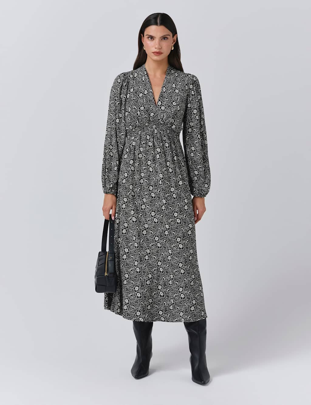 Ghost Women's Crepe Floral V-Neck Midi Waisted Dress - 10 - Black Mix - Available at M&S