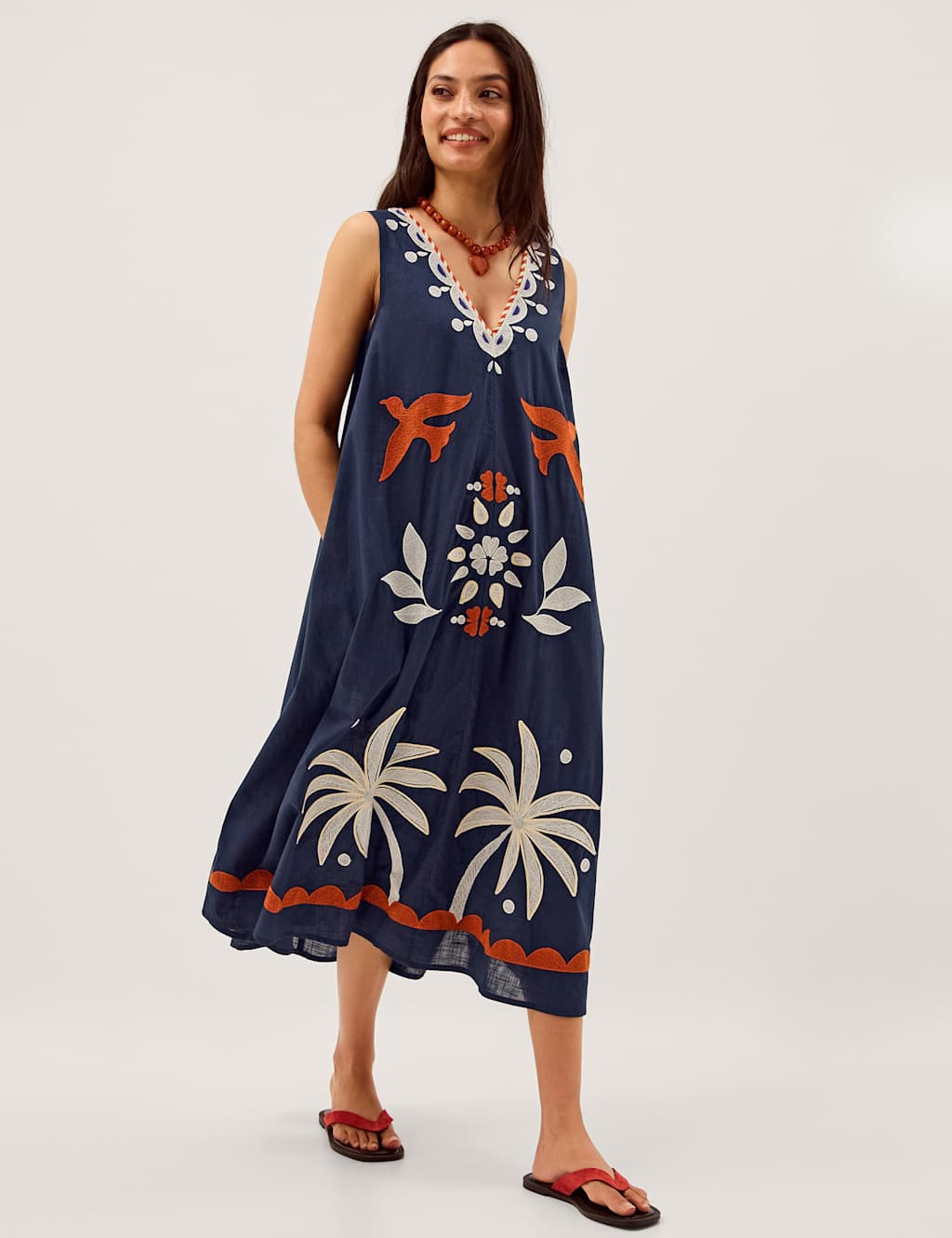 Monsoon Women's Pure Cotton Embroidered Midi Shift Dress - Small - Navy Mix - Available at M&S