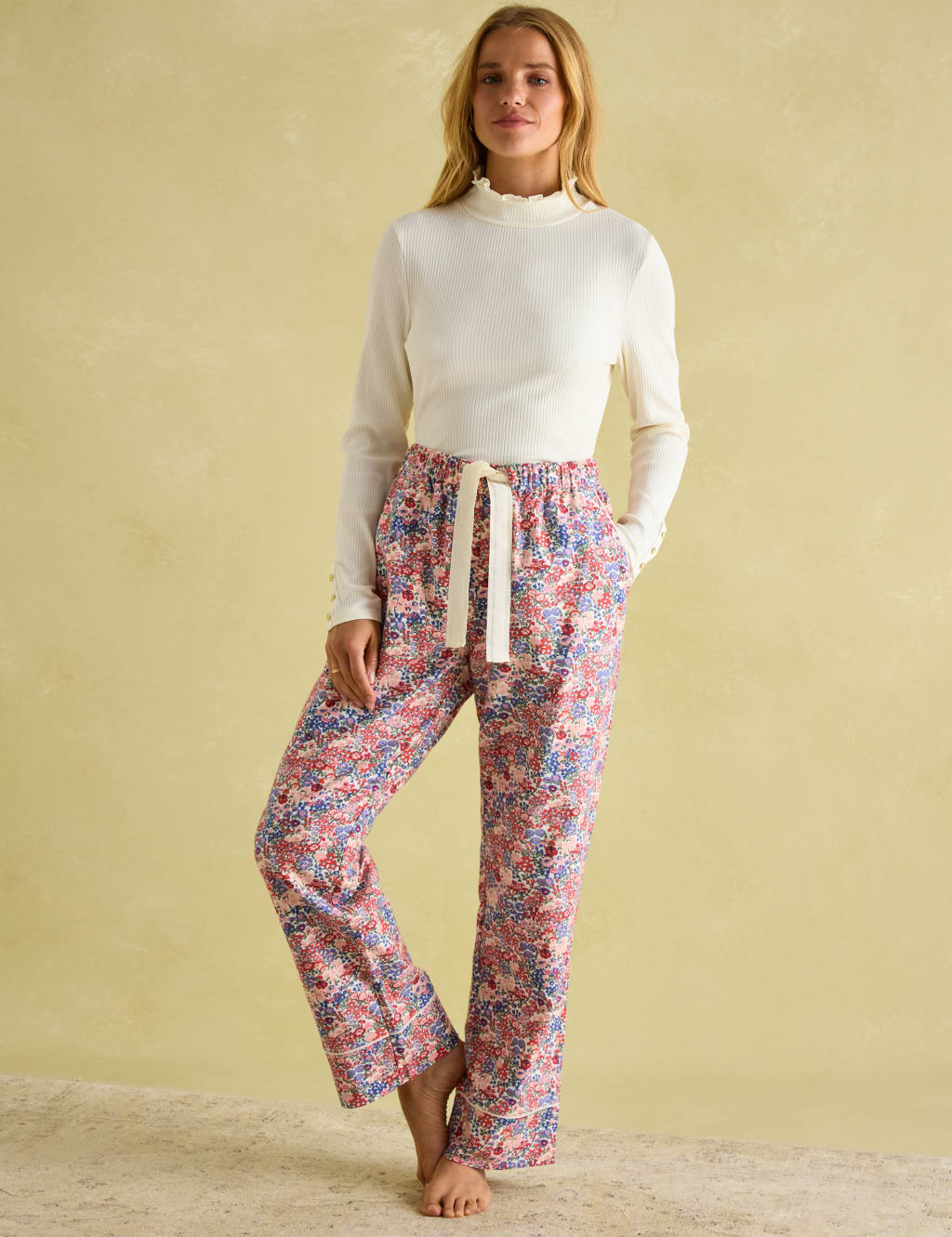 Joules Pure Cotton Ditsy Floral Pyjama Bottoms Light Pink Mix