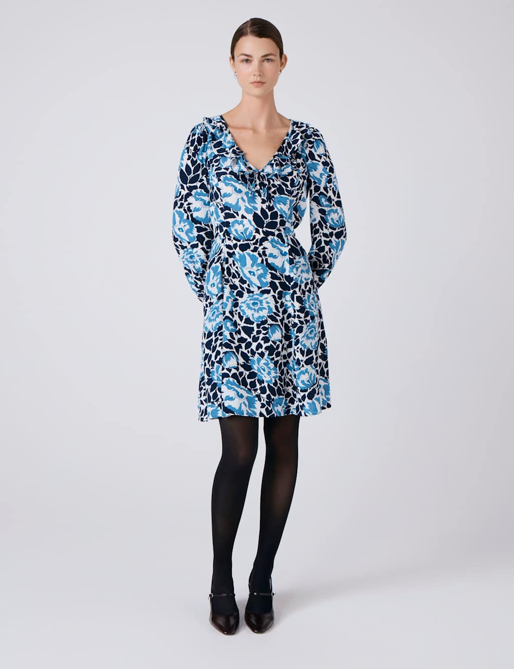 Ghost Crepe Floral V-Neck Mini Skater Dress Blue Mix