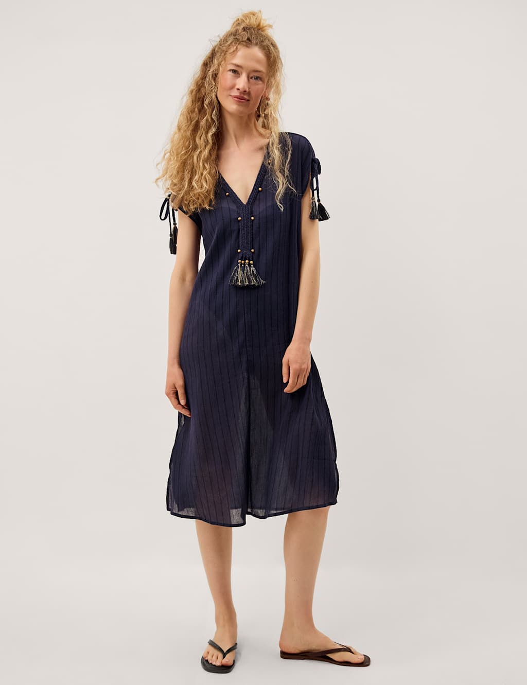 Monsoon Women's Cotton Rich Striped Midi Kaftan Dress - Large - Navy - Available at M&S