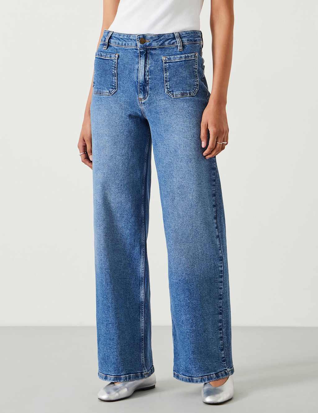 Hush Women's Mid Rise Patch Pocket Wide Leg Jeans - 8 - Blue Denim - Available at M&S
