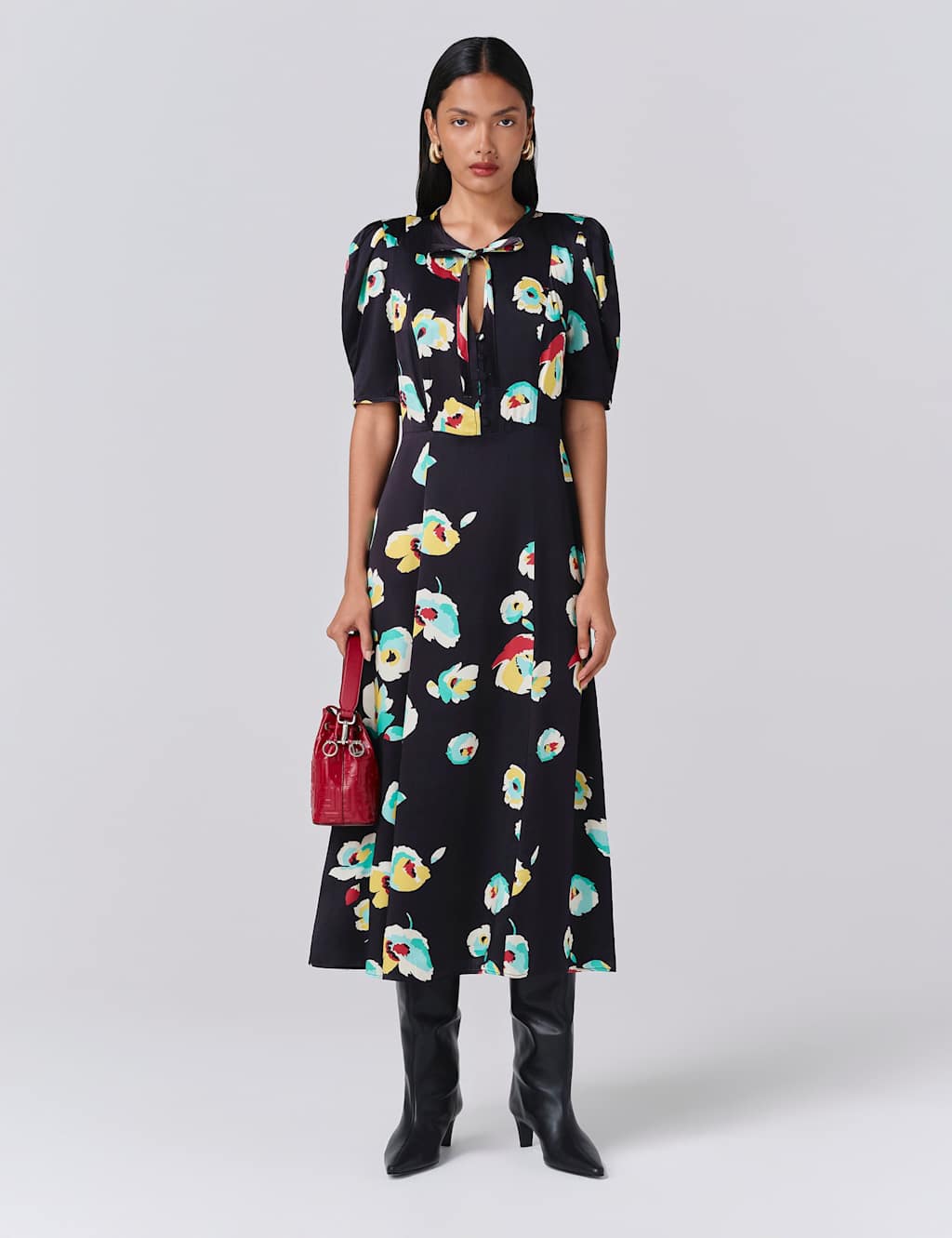 Ghost Women's Satin Floral Tie Neck Midi Tea Dress - 12 - Navy Mix - Available at M&S