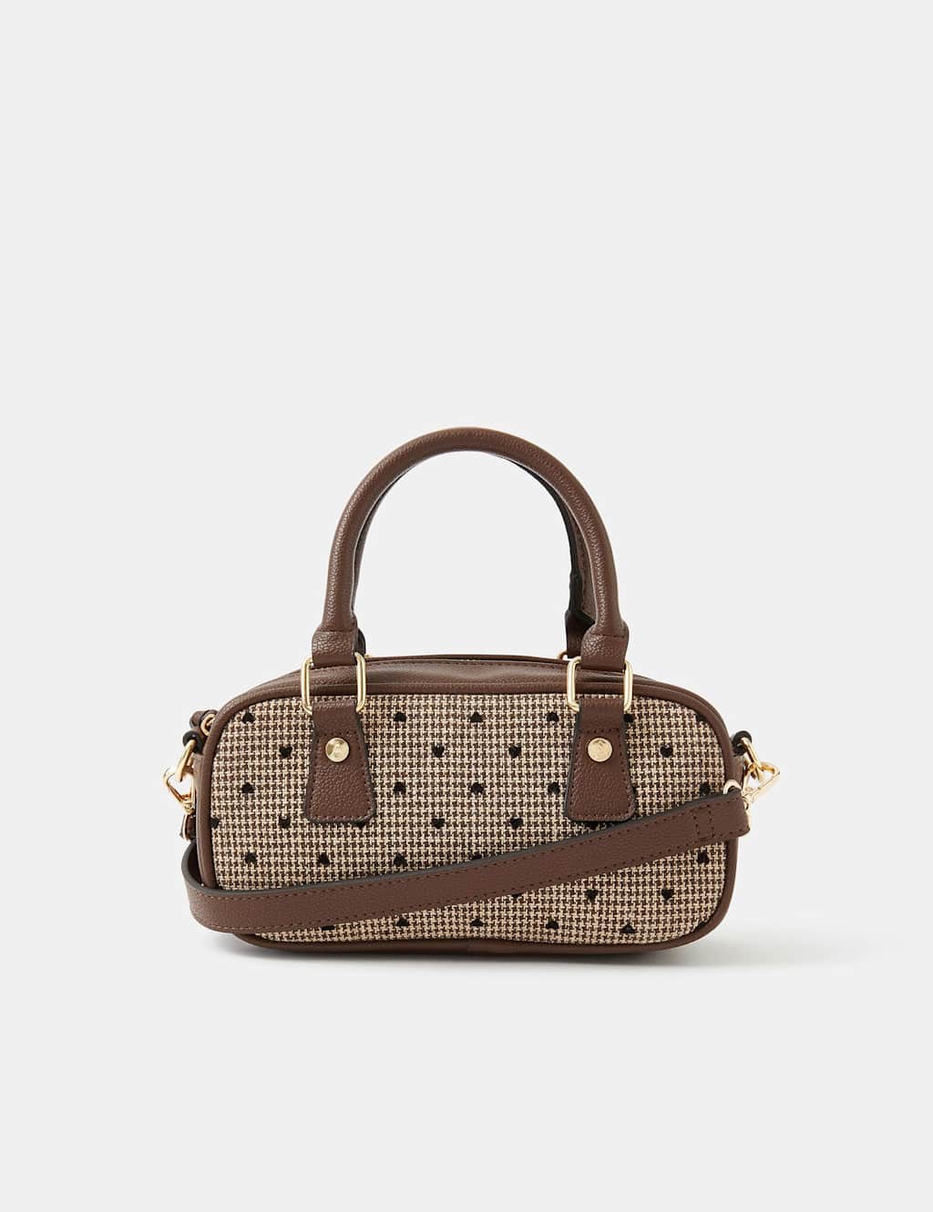 ACCESSORIZE Tweed Heart Print Cross Body Bowler Bag Brown Mix