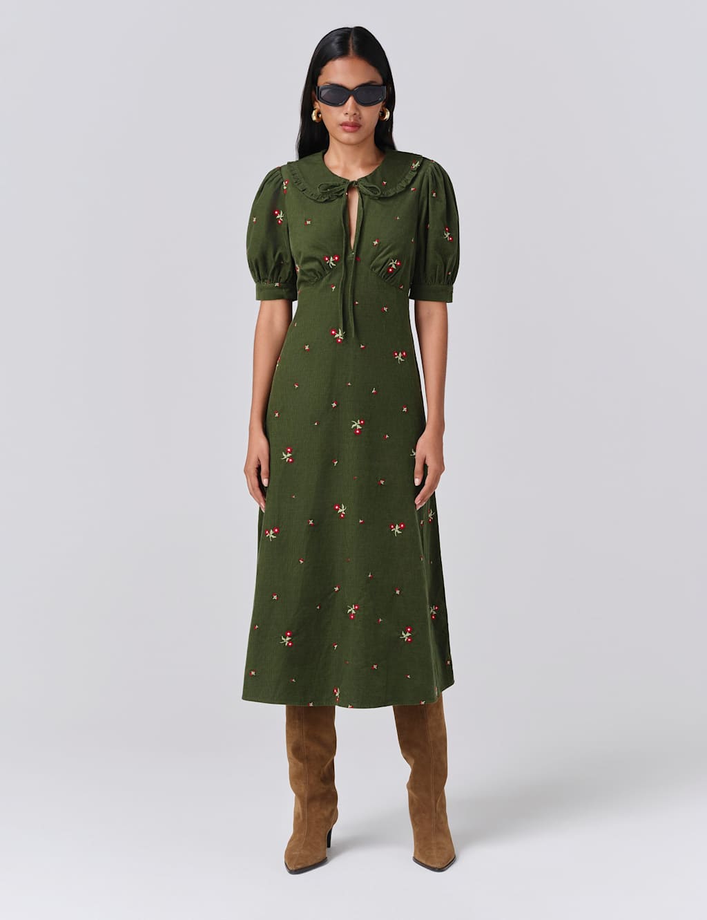 Ghost Pure Cotton Cord Embroidered Tie Neck Dress Green Mix