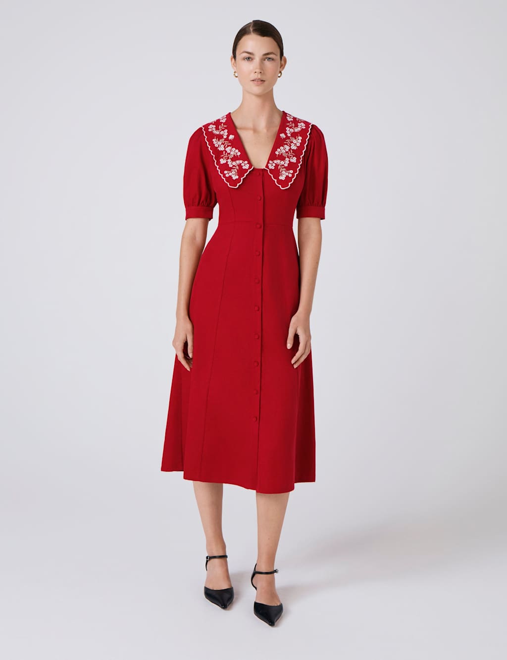 Ghost Cord Embroidered Collared Midi Skater Dress Red