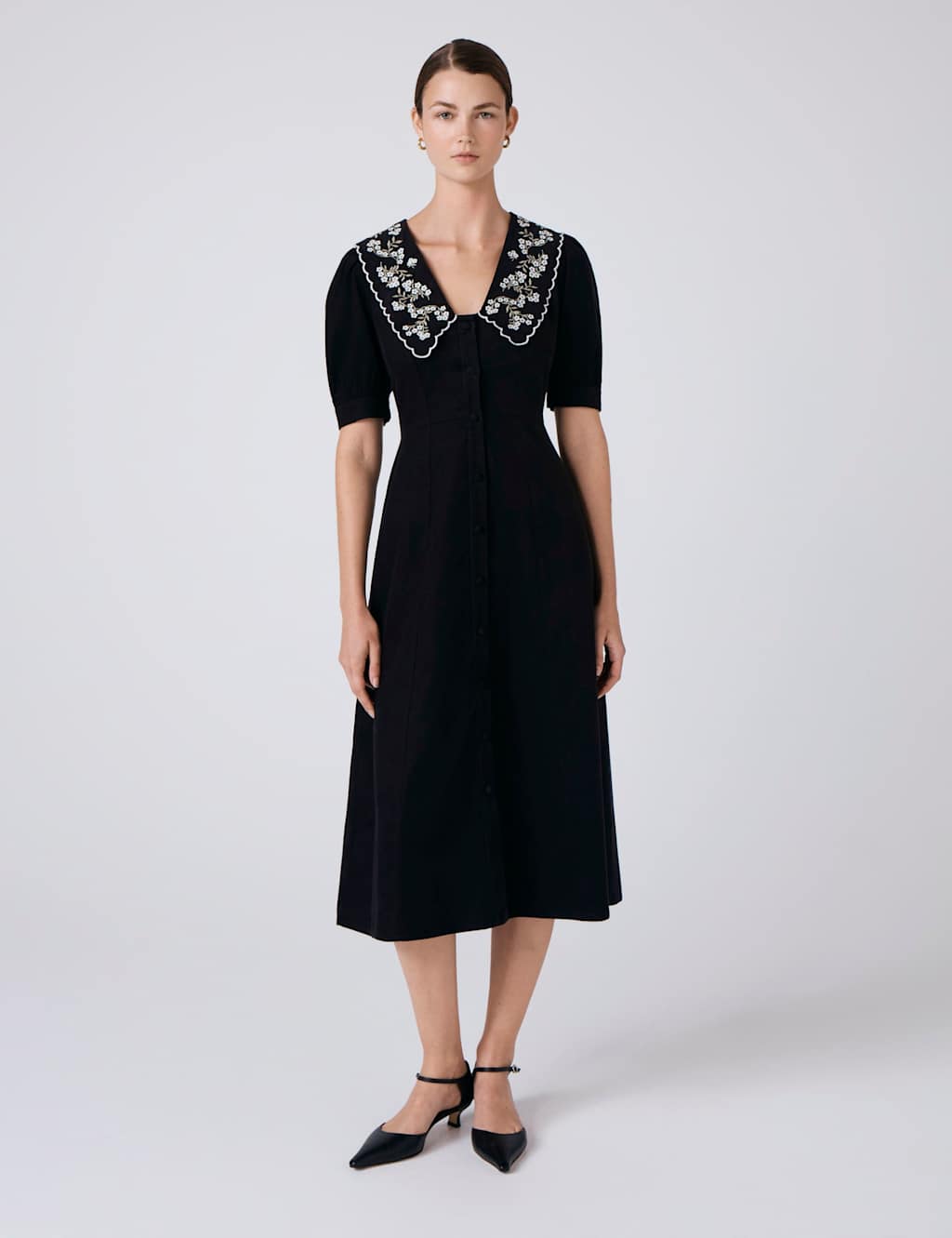 Ghost Cord Embroidered Collared Midi Skater Dress Black