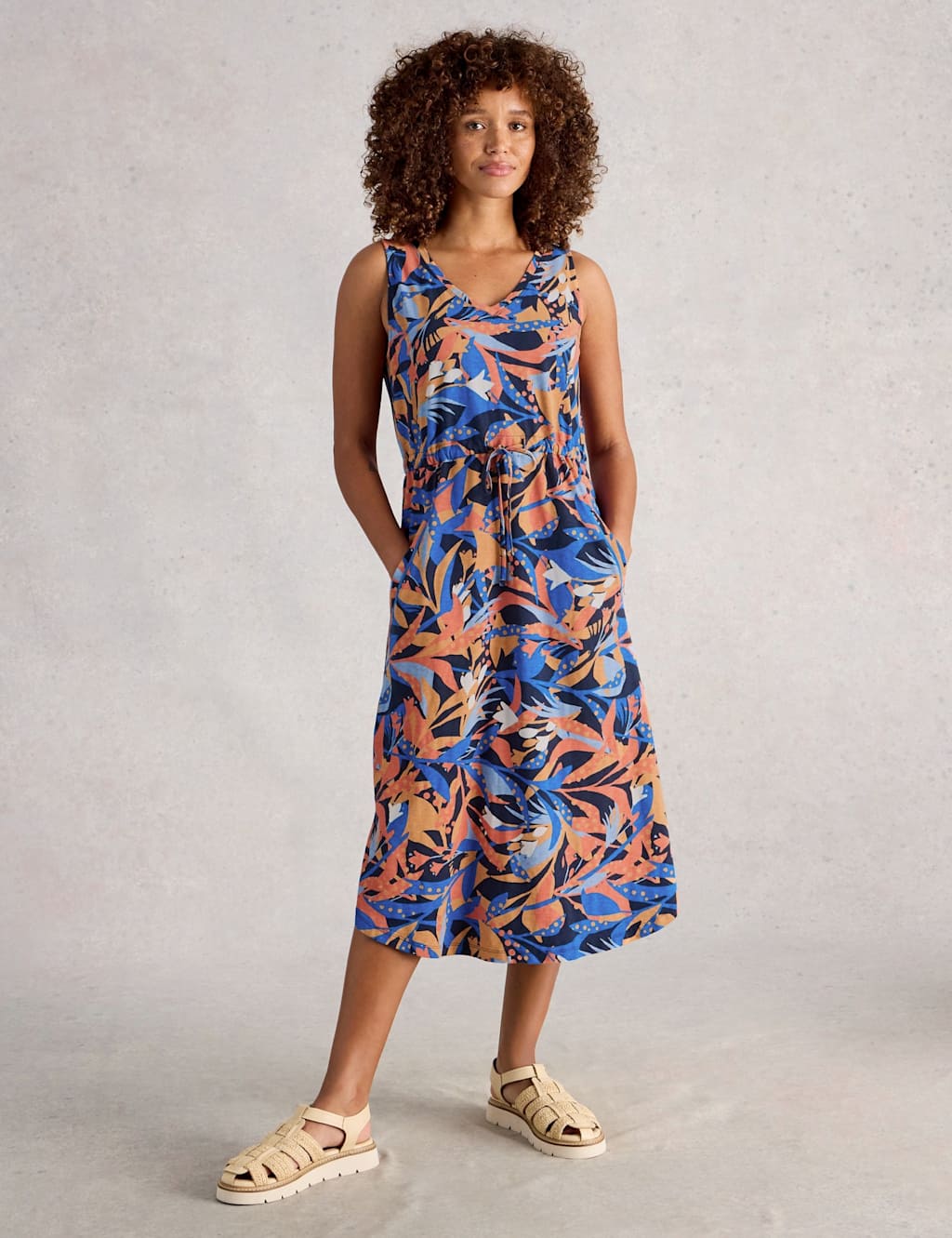 White Stuff Pure Cotton Jersey V-Neck Midi Dress Navy Mix