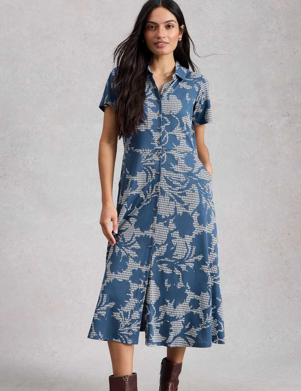 White Stuff Women's Cotton Blend Floral Midi Tea Dress - 18 - Blue Mix - Available at M&S