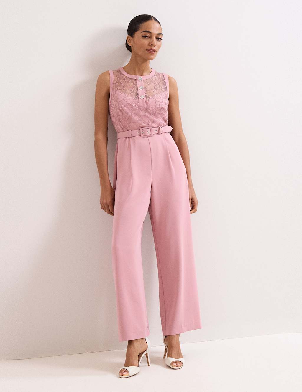 Phase Eight Women's Lace Belted Wide Leg Jumpsuit - 12 - Light Pink - Available at M&S