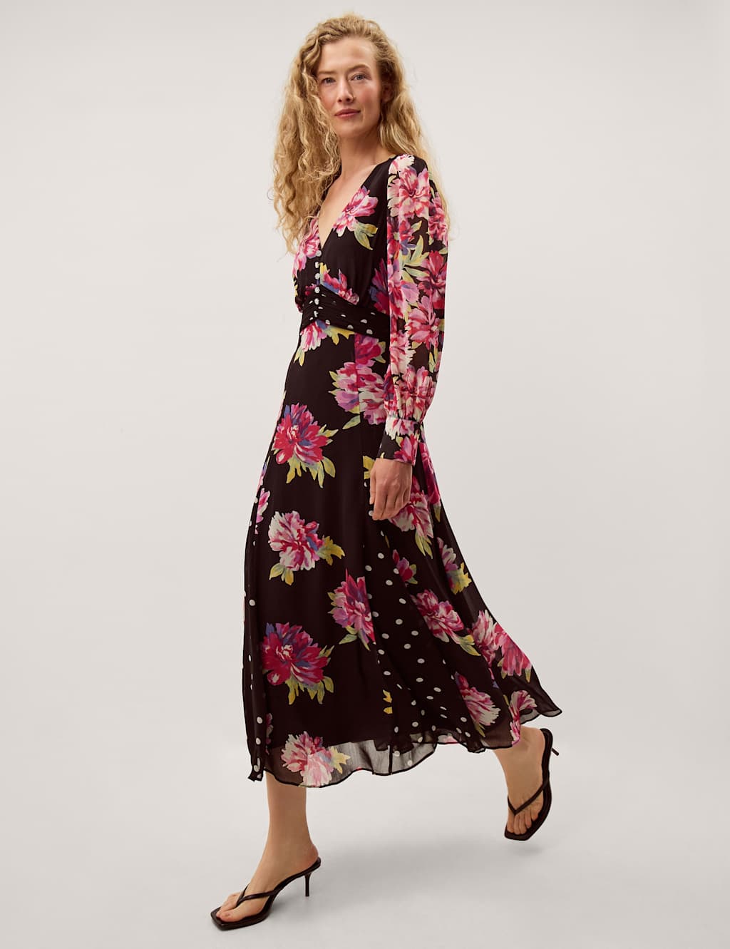 Monsoon Women's Floral V-Neck Maxi Tea Dress - 18 - Black Mix - Available at M&S