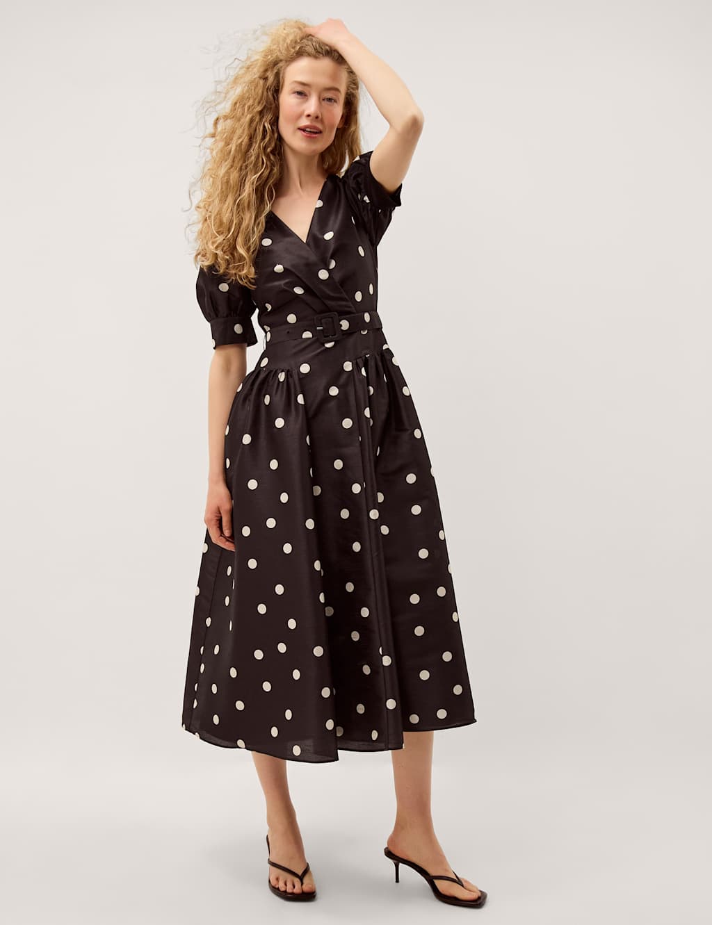 Monsoon Women's Polka Dot V-Neck Belted Midi Tea Dress - 12 - Black Mix - Available at M&S