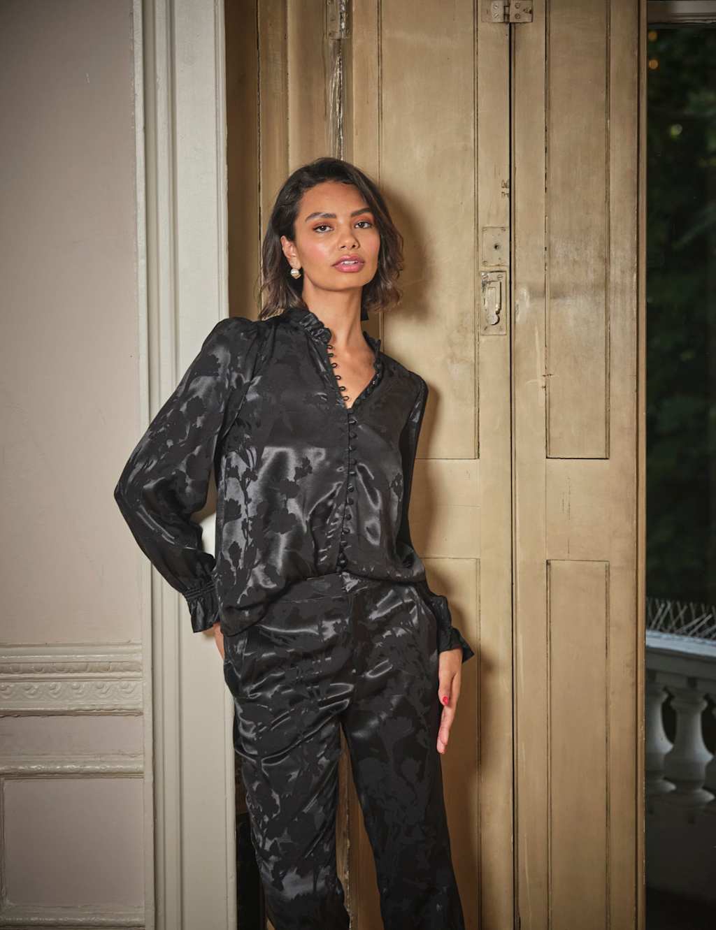 FatFace Floral Jacquard Button Through Blouse Black