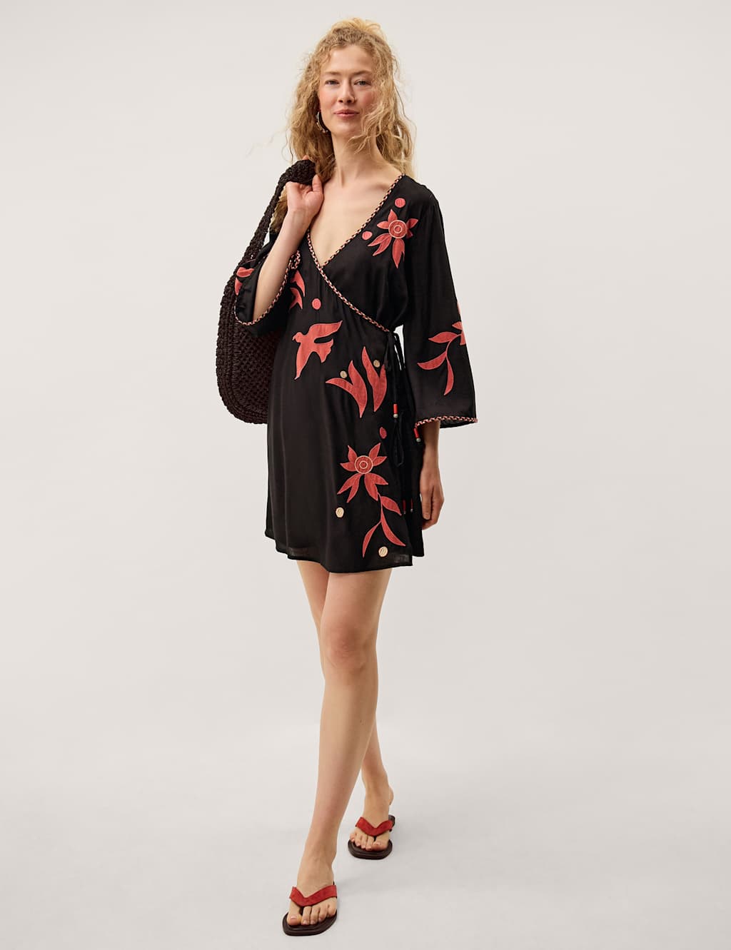 Monsoon Women's Appliqué Wrap Mini Beach Cover Up Kaftan - Large - Black Mix - Available at M&S