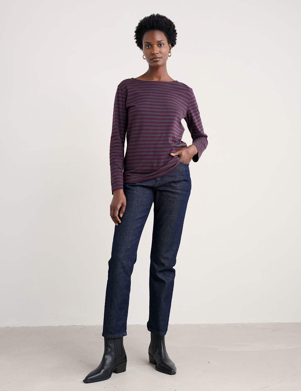 Seasalt Cornwall Pure Cotton Striped Slash Neck Top Purple Mix