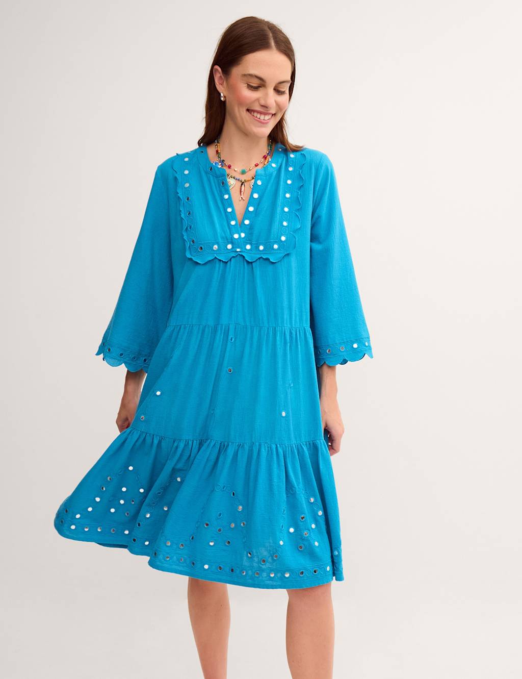 Monsoon Women's Pure Cotton Tiered Beach Cover Up Kaftan - Small-Medium - Teal - Available at M&S