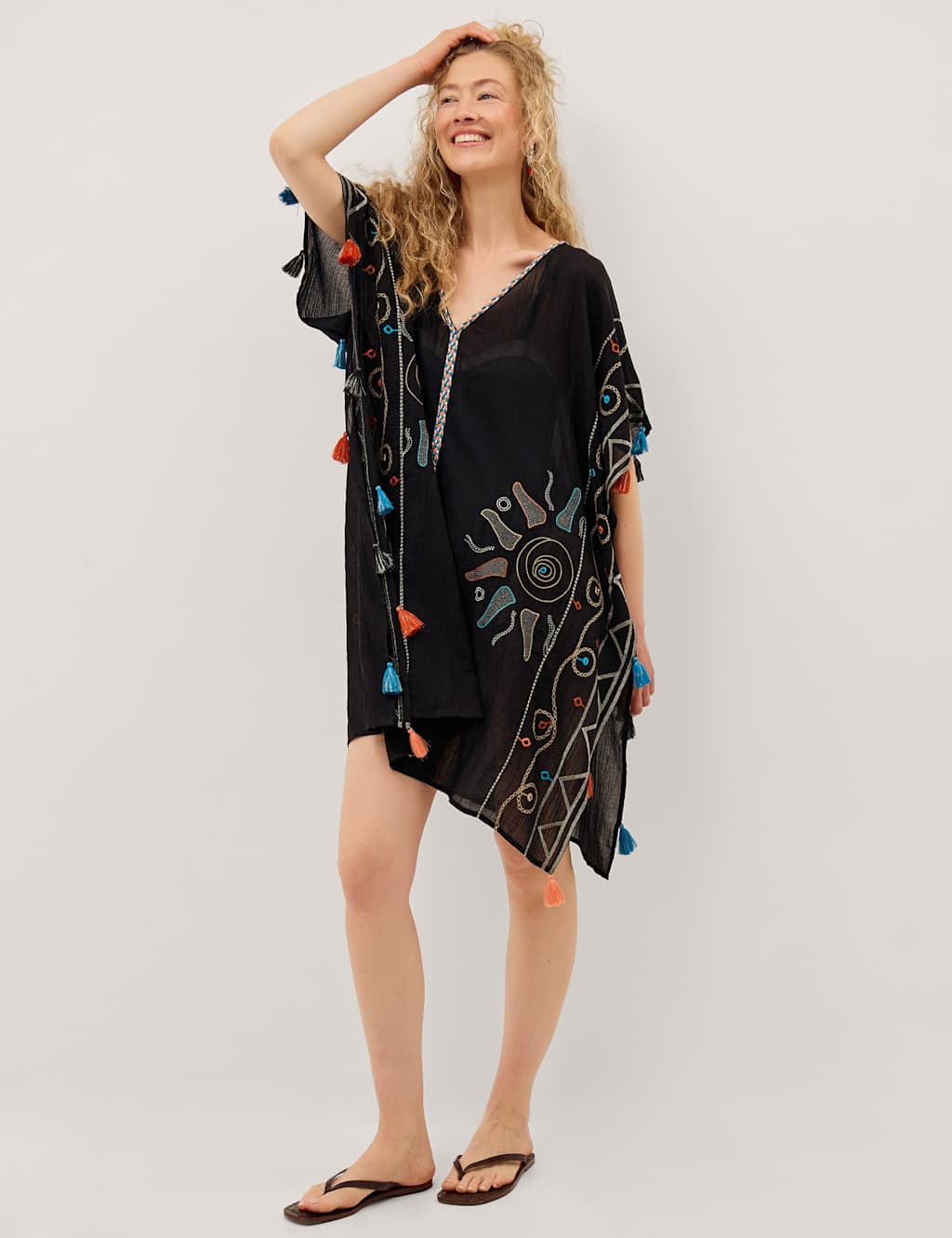 Monsoon Women's Pure Cotton Embroidered Beach Cover Up Kaftan - Extra Large - Black - Available at M&S