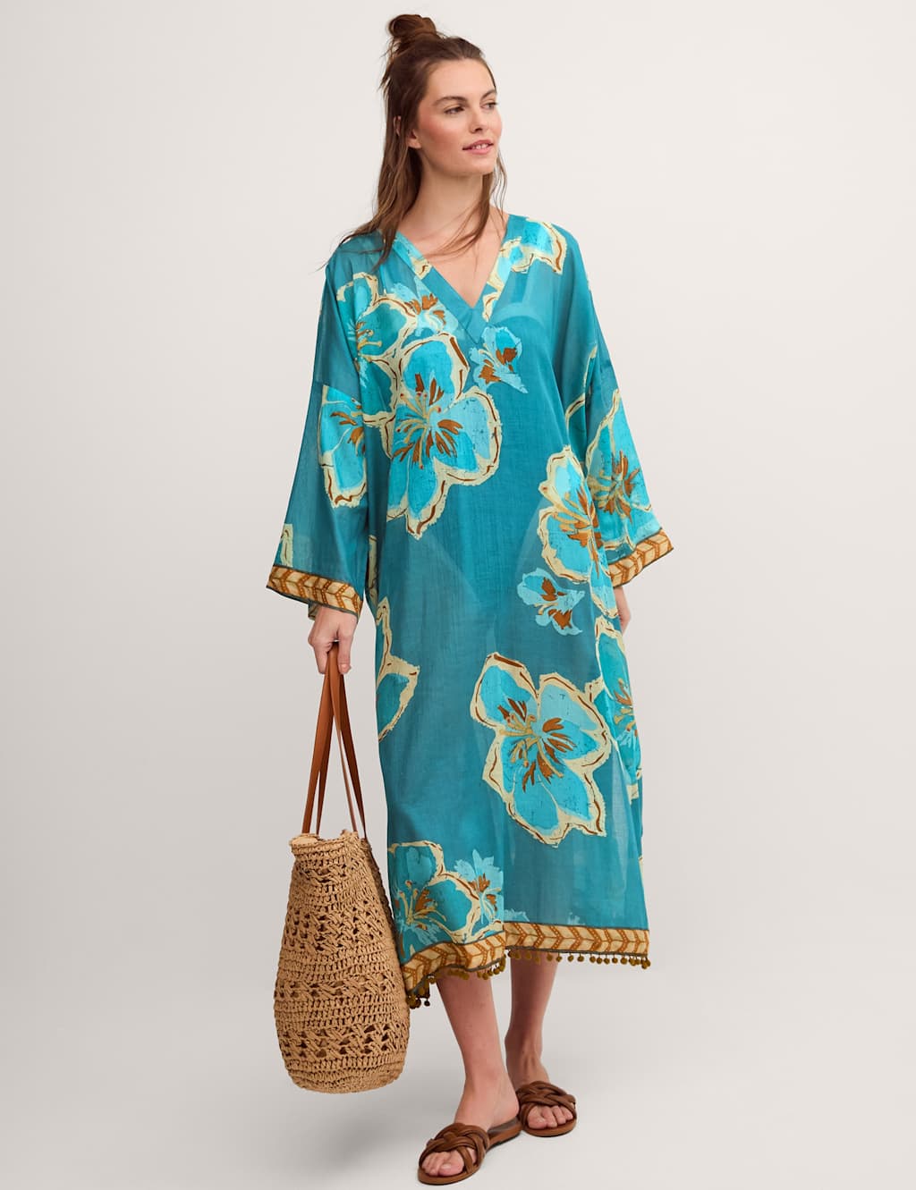 Monsoon Women's Pure Cotton Floral Beach Cover Up Kaftan - Teal Mix - Available at M&S