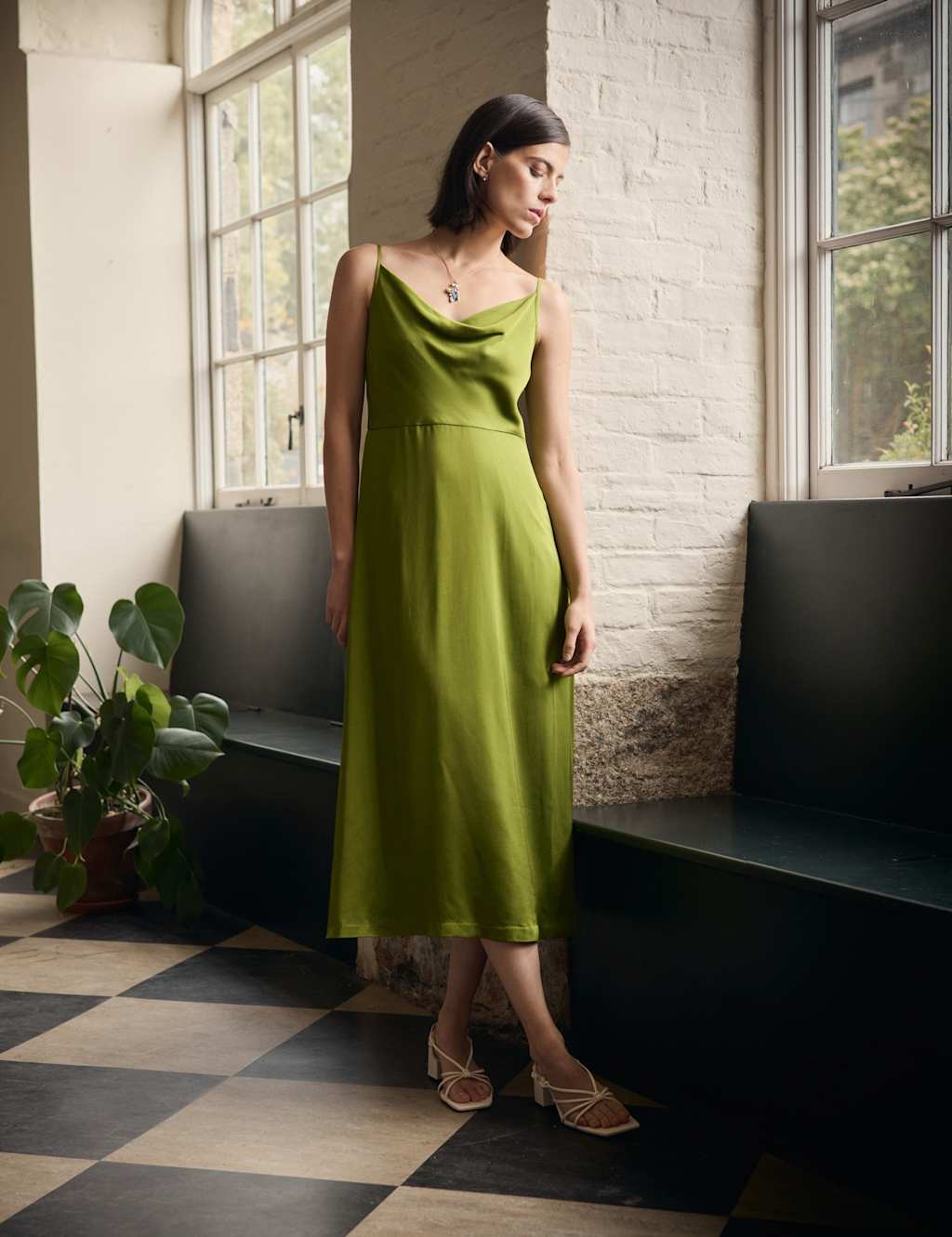 Cowl Neck Strappy Midi Slip Dress