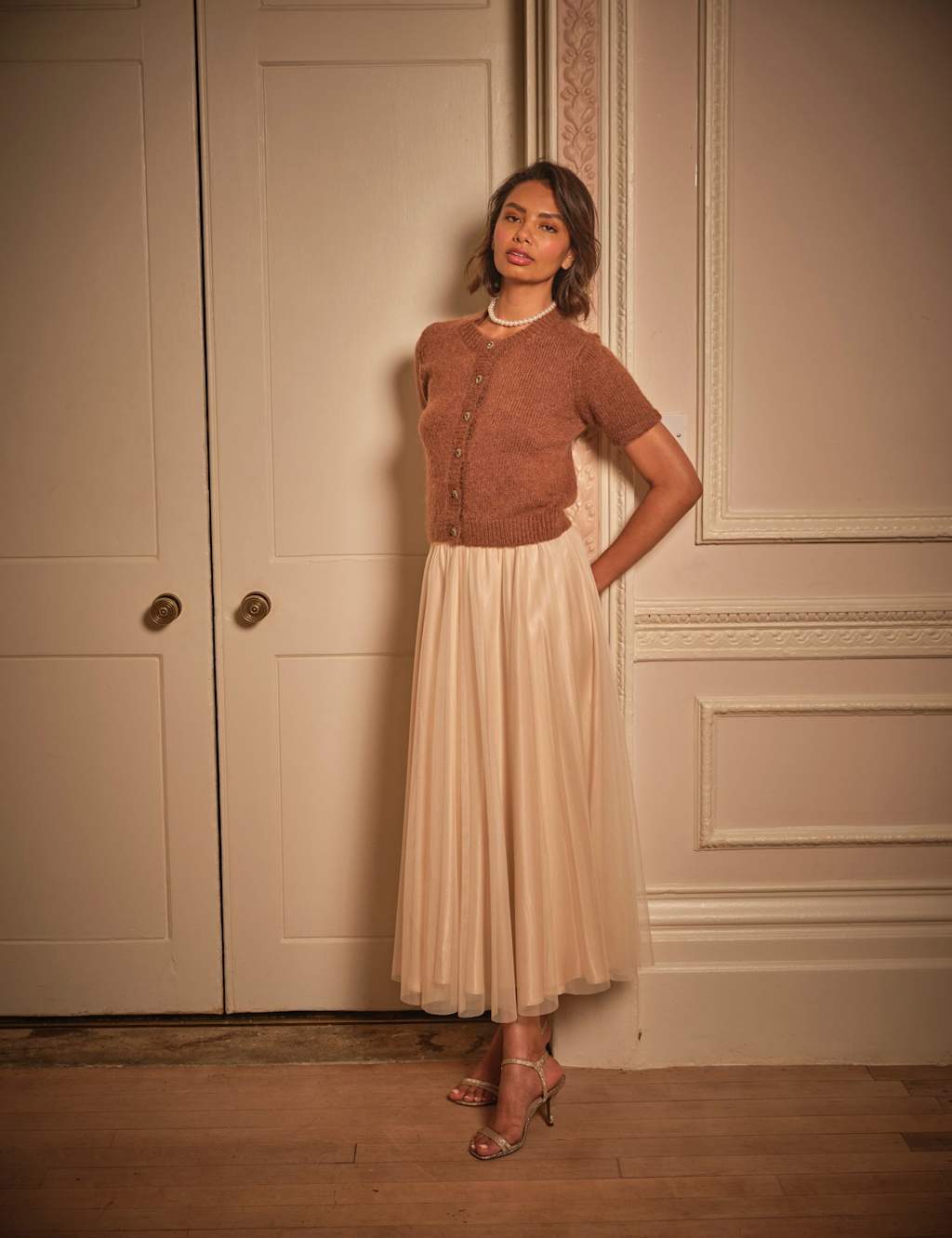 FatFace Textured Crew Neck Cardigan with Alpaca Brown