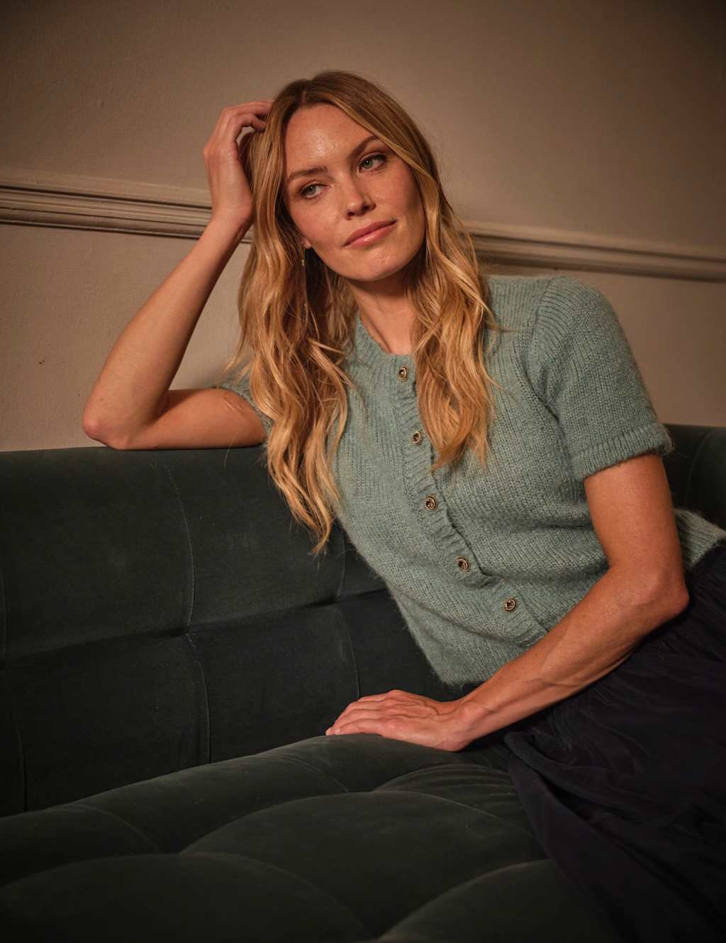 FatFace Textured Crew Neck Cardigan with Alpaca Light Teal