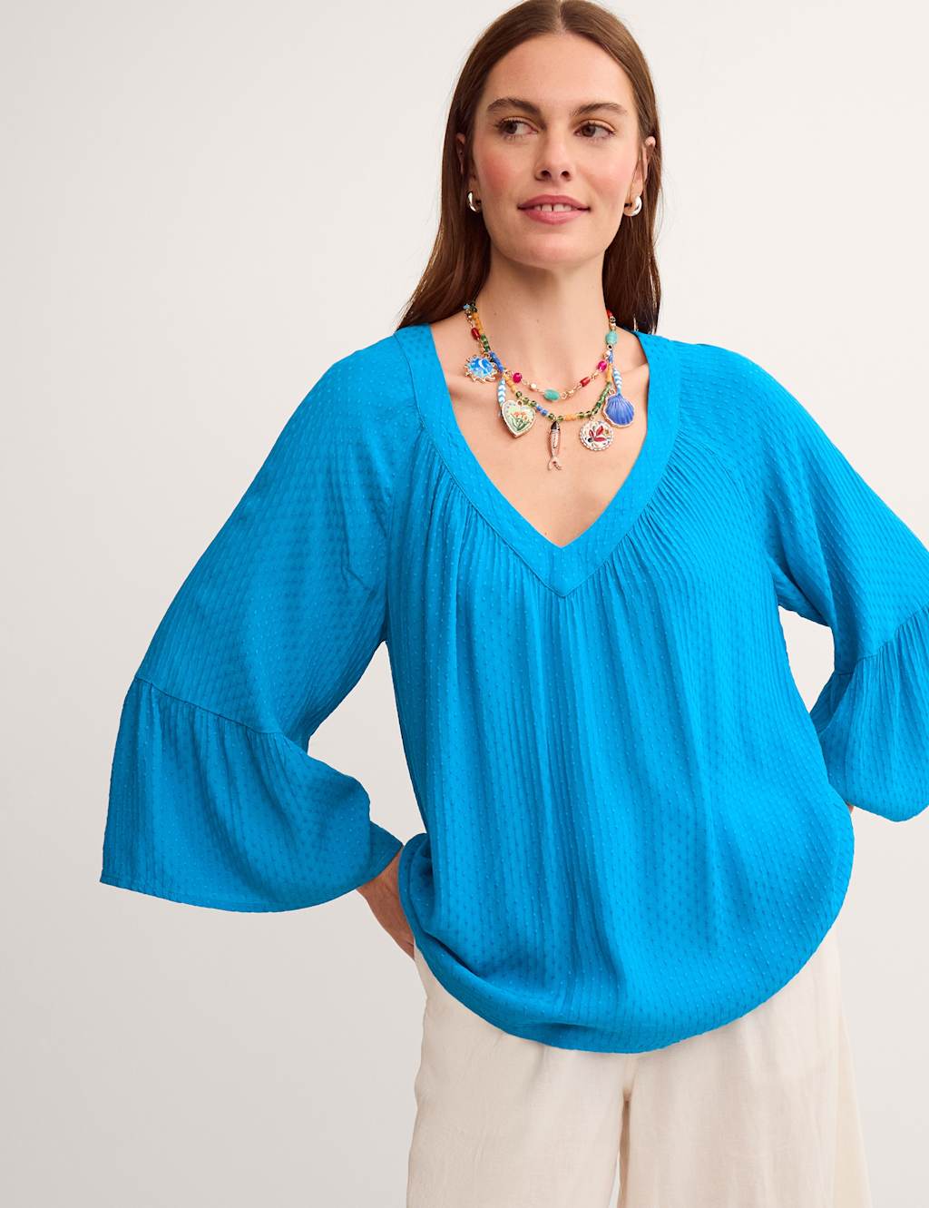 Monsoon Women's Textured V-Neck Flute Sleeve Popover Blouse - Medium - Teal - Available at M&S