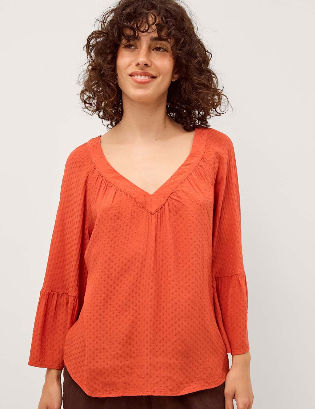 Monsoon Women's Textured V-Neck Flute Sleeve Popover Blouse - Medium - Orange - Available at M&S