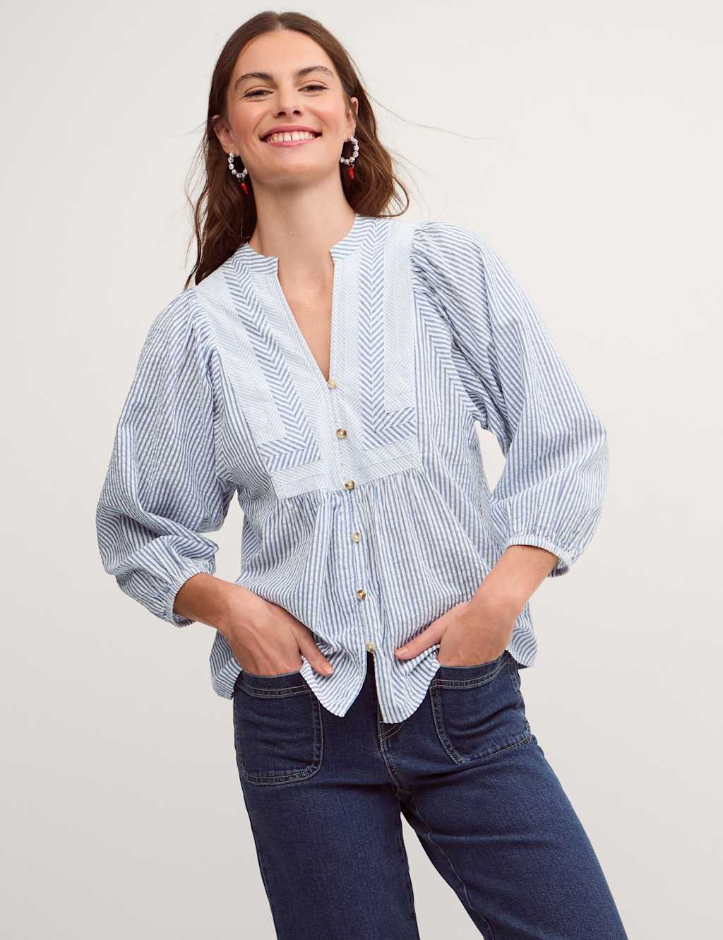 Monsoon Women's Pure Cotton Striped V-Neck Bib Detail Blouse - Medium - Blue Mix - Available at M&S