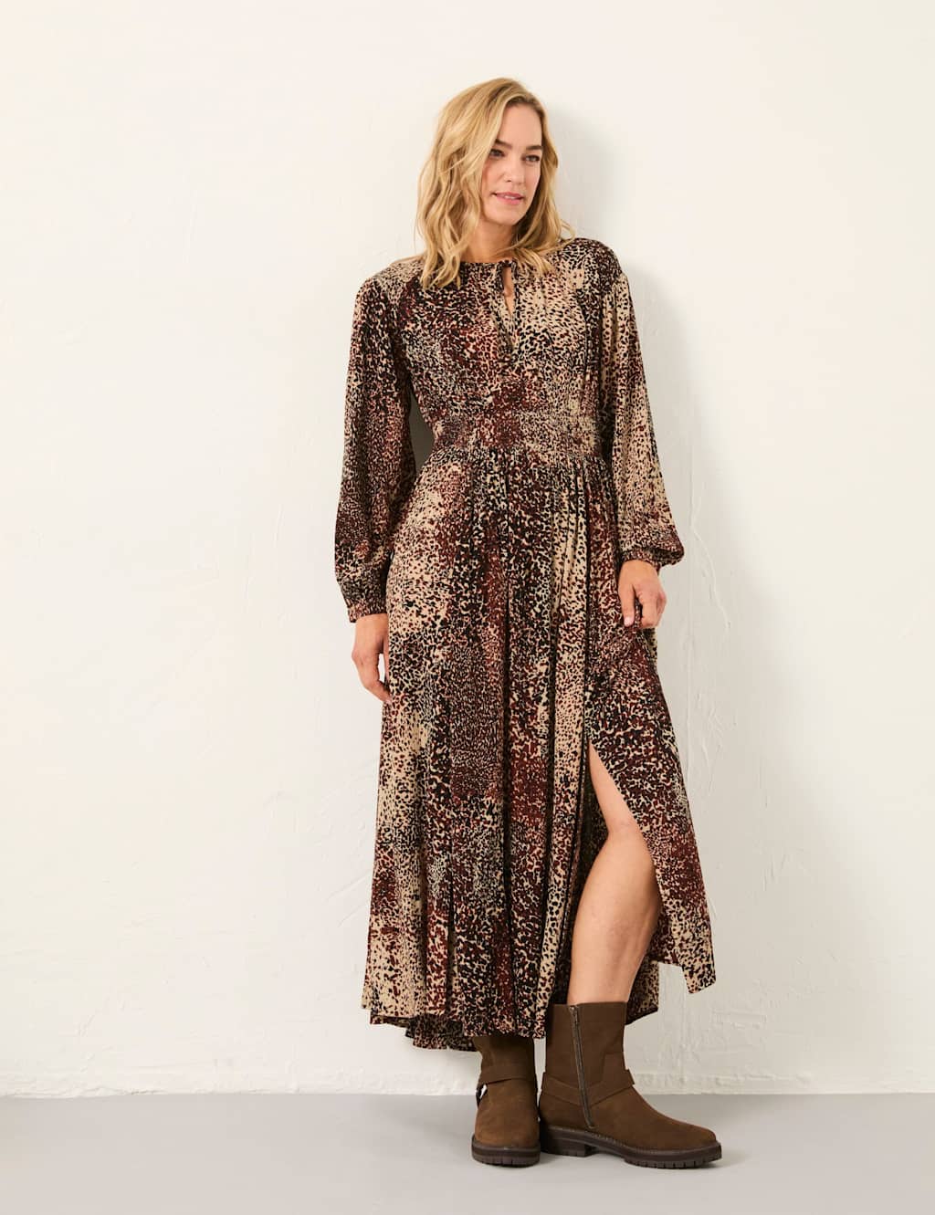 FatFace Animal Print Tie Neck Midi Waisted Dress Brown Mix