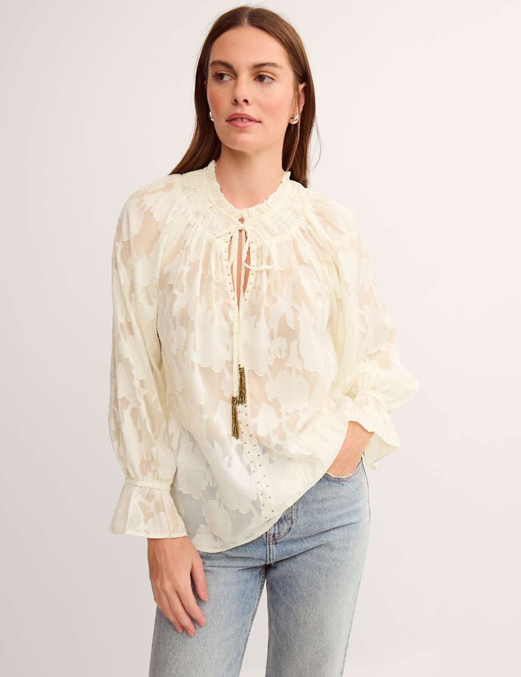 Monsoon Women's Jacquard Tie Neck Blouson Sleeve Blouse - Large - Ivory - Available at M&S