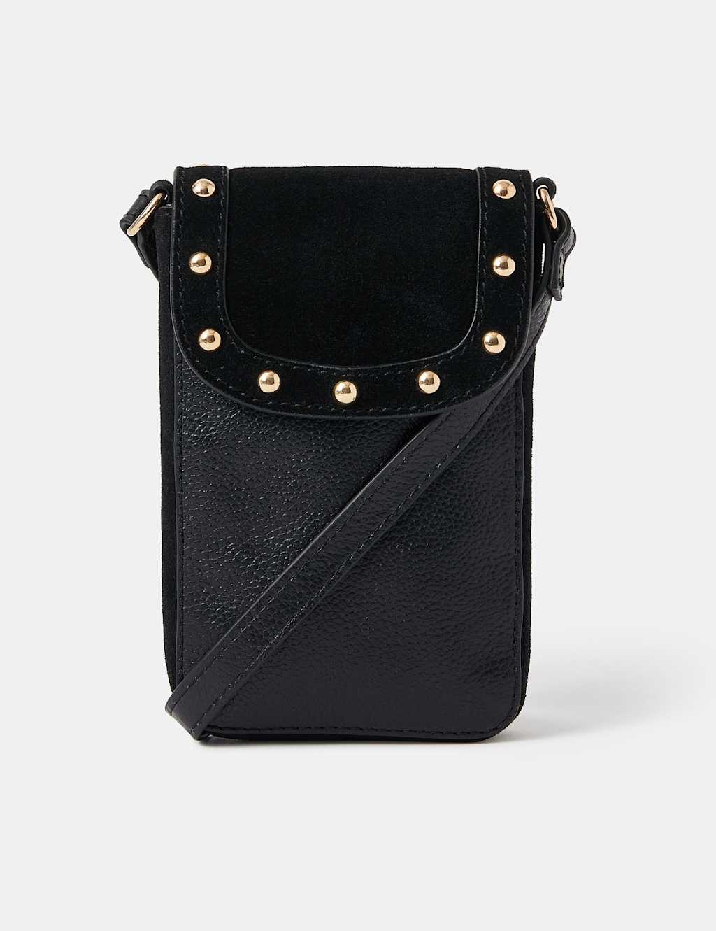 ACCESSORIZE Leather and Suede Studded Phone Bag Black