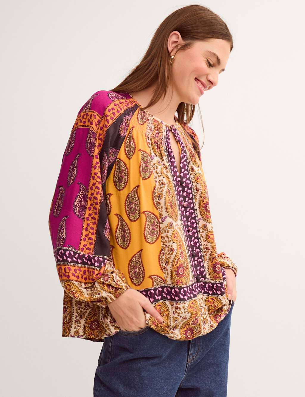 Monsoon Women's Paisley Smocked Blouson Sleeve Blouse - Small - Pink Mix - Available at M&S