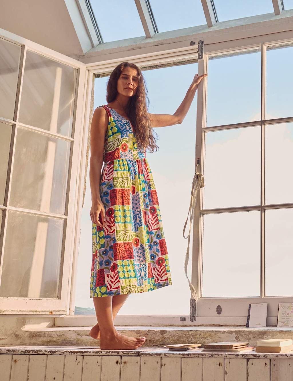 Pure Linen Floral V-Neck Midi Waisted Dress