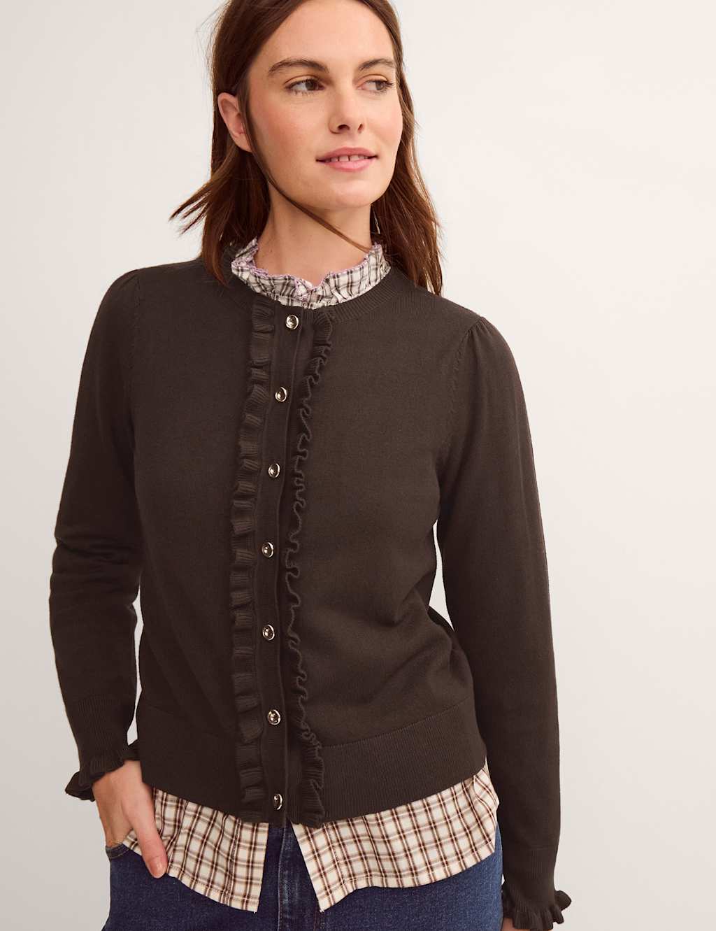 Monsoon Women's Crew Neck Ruffle Button Front Cardigan - Small - Chocolate - Available at M&S