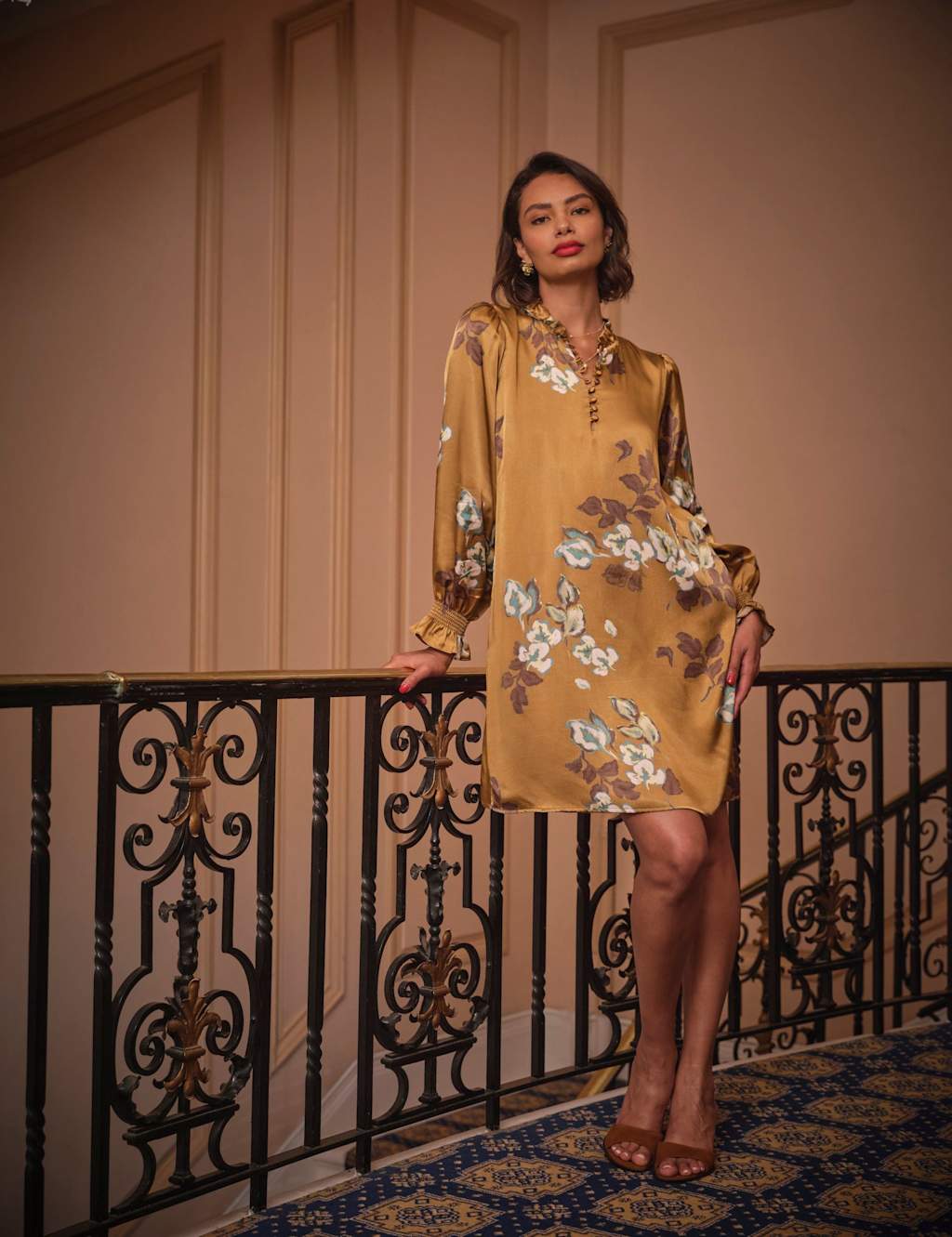 FatFace Floral Mini Shift Dress Gold Mix