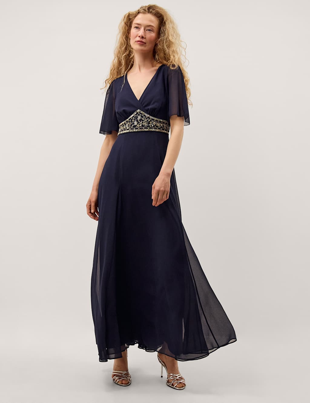 Monsoon Women's Embellished V-Neck Maxi Skater Dress - 22 - Navy Mix - Available at M&S