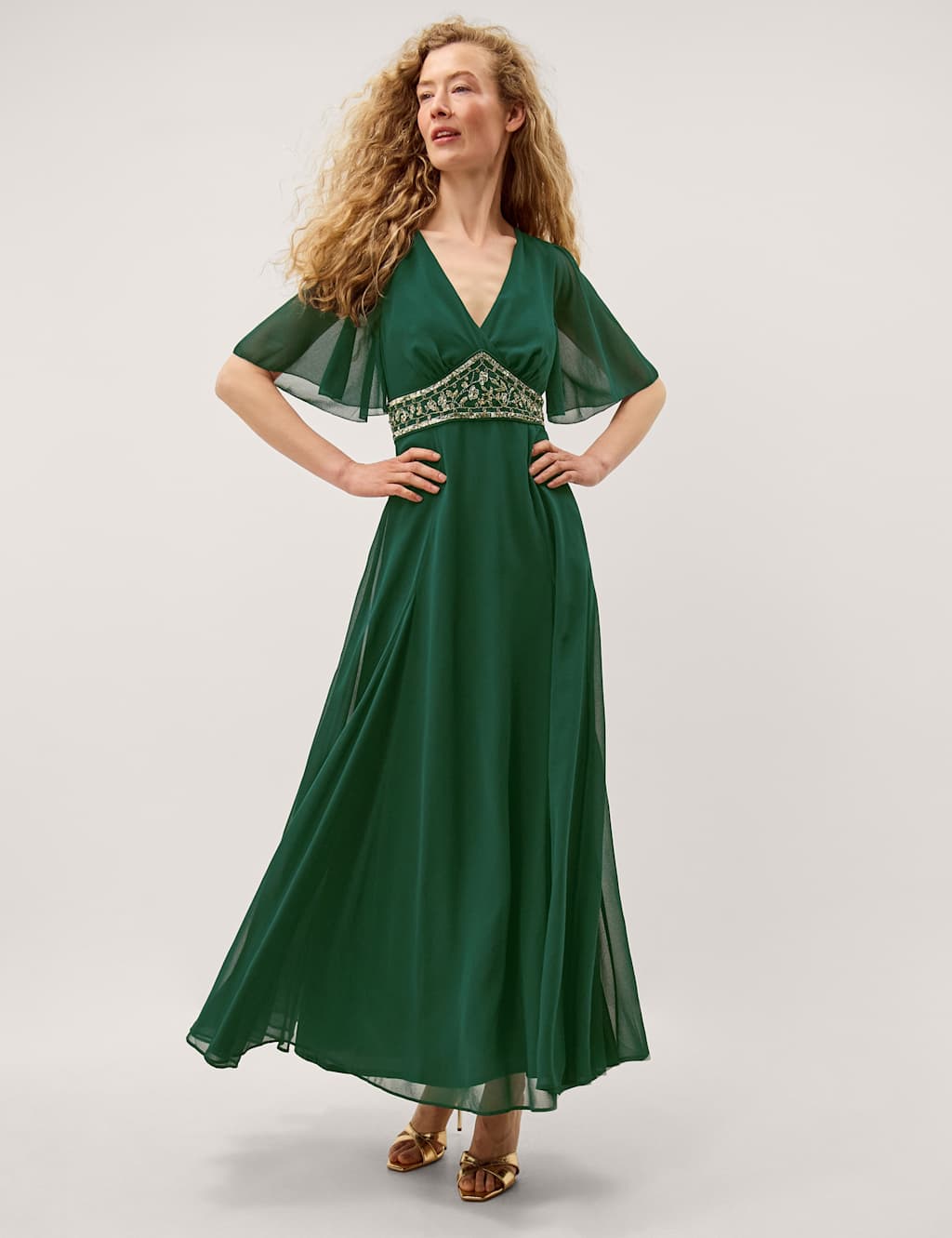 Monsoon Women's Embellished V-Neck Maxi Skater Dress - 12 - Dark Green Mix - Available at M&S