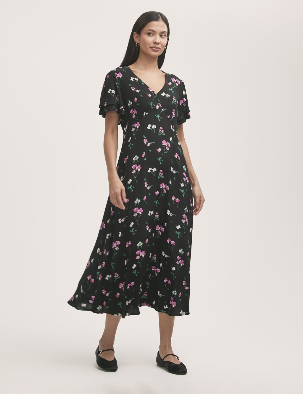 Floral V-Neck Angel Sleeve Midi Tea Dress
